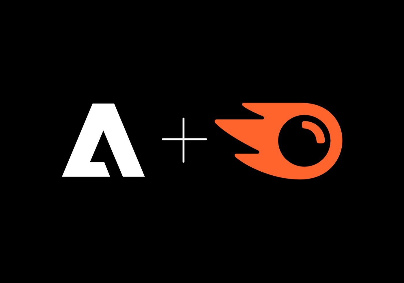 Adobe and Semrush logos side by side on a black background, with a plus sign between them, signalling the completed acquisition