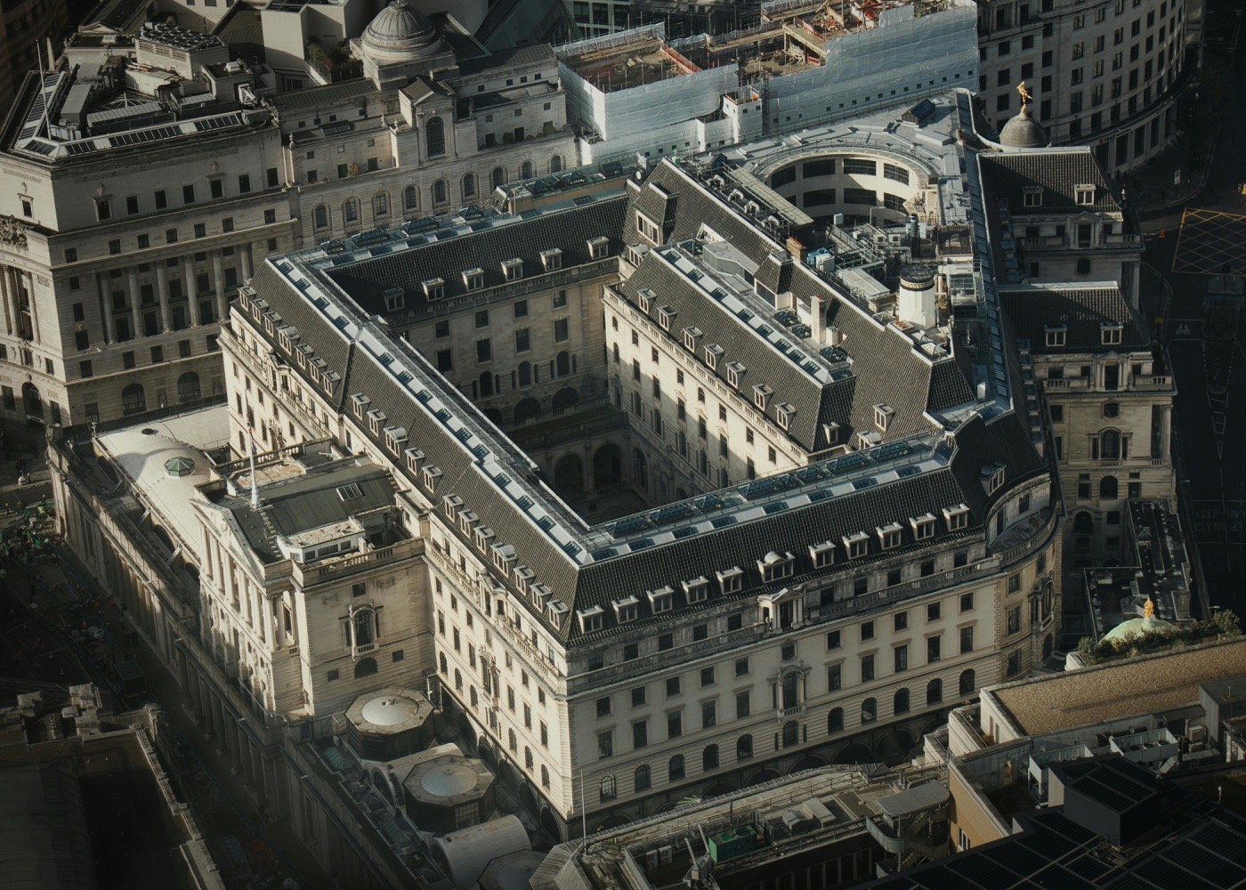 Aerial view of the Bank of England building in the City of London